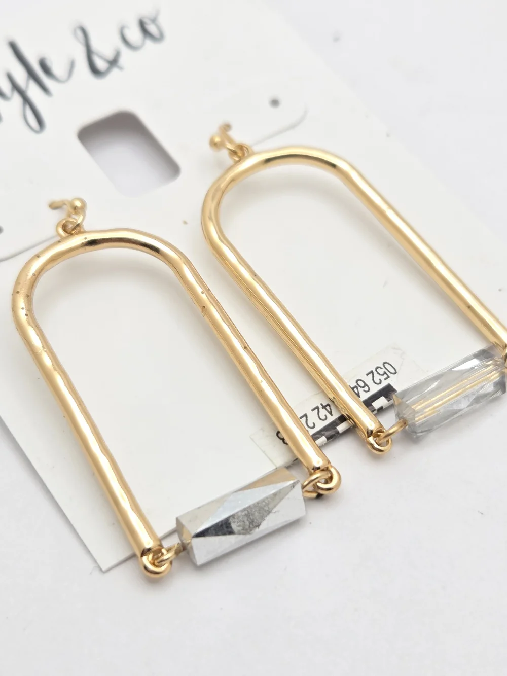 Style & Co Gold Tone Geometric Arch Drop Earrings Clear Faceted Bead NWT